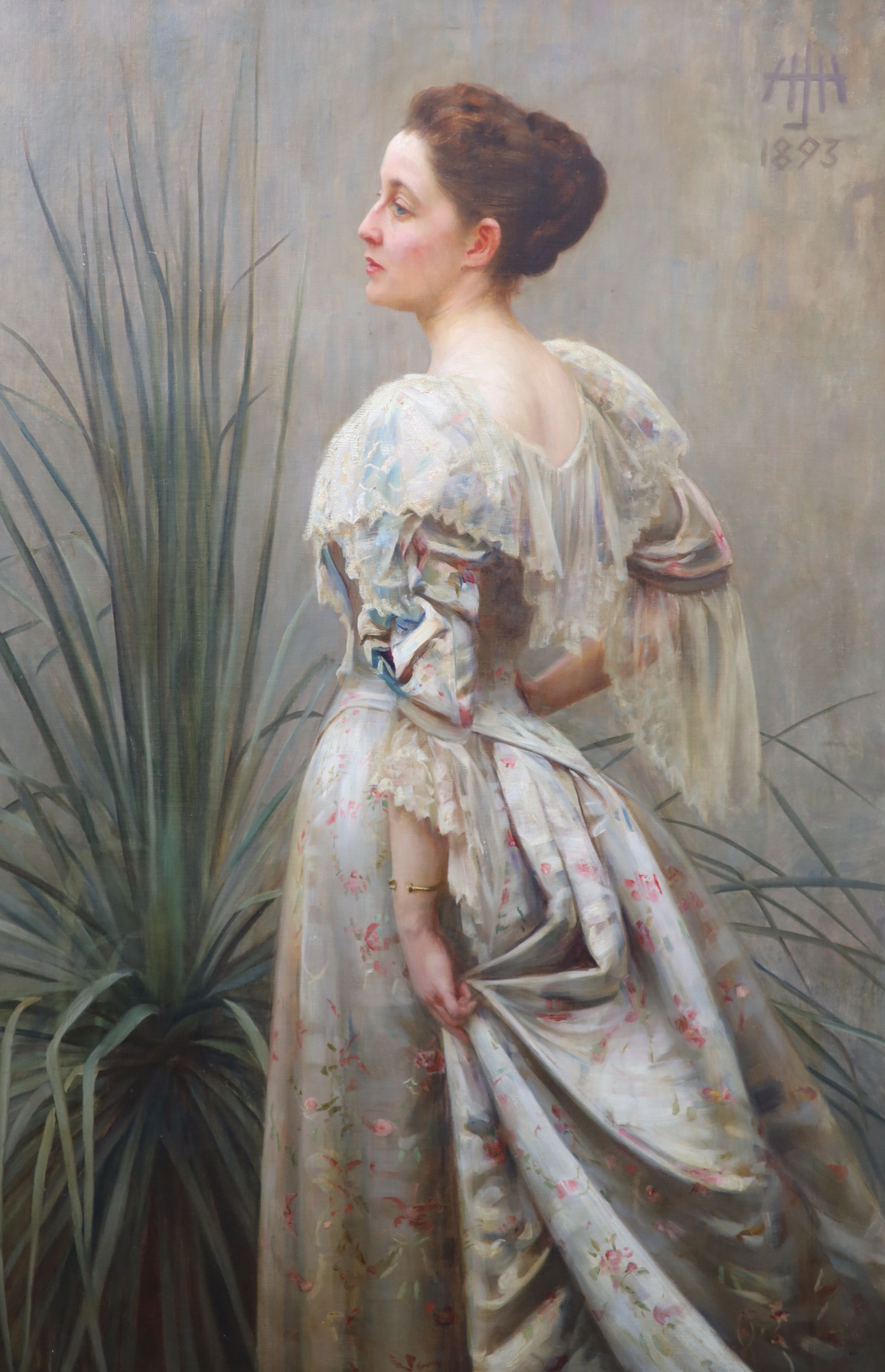 Henry John Hudson (1881-1912), Portrait of a lady standing in an elegant ballgown, beside a palm, Oil on canvas, 152 x 101cm.